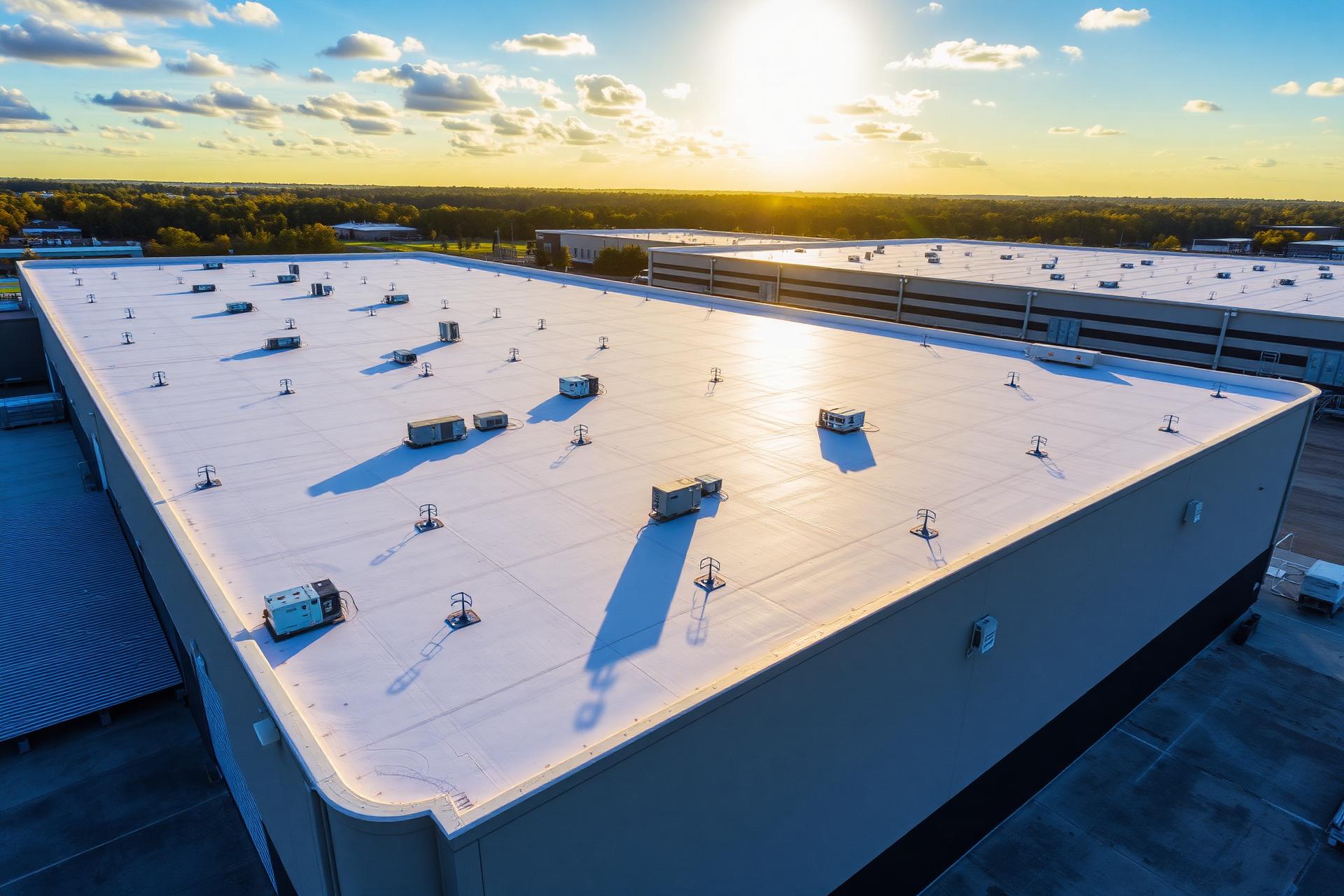 Aerial view of a large commercial flat roof in Alabama